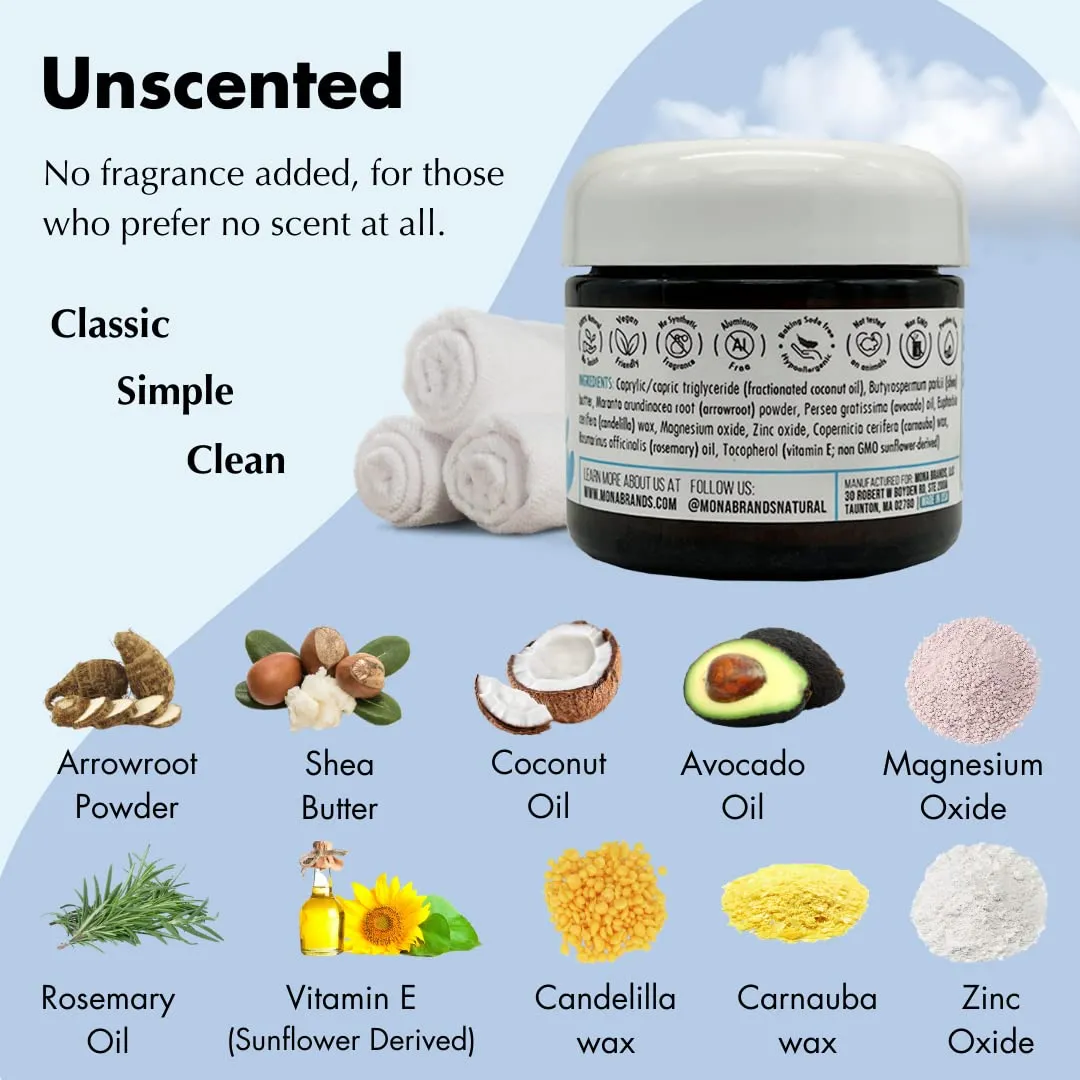 MONA UNSCENTED All Natural Deodorant for Whole Body & Intimate Parts | Hypoallergenic & Safe for Women & Men with Sensitive skin | No Aluminum, Baking Soda or Synthetic Fragrance | Unscented, 2.0 Oz