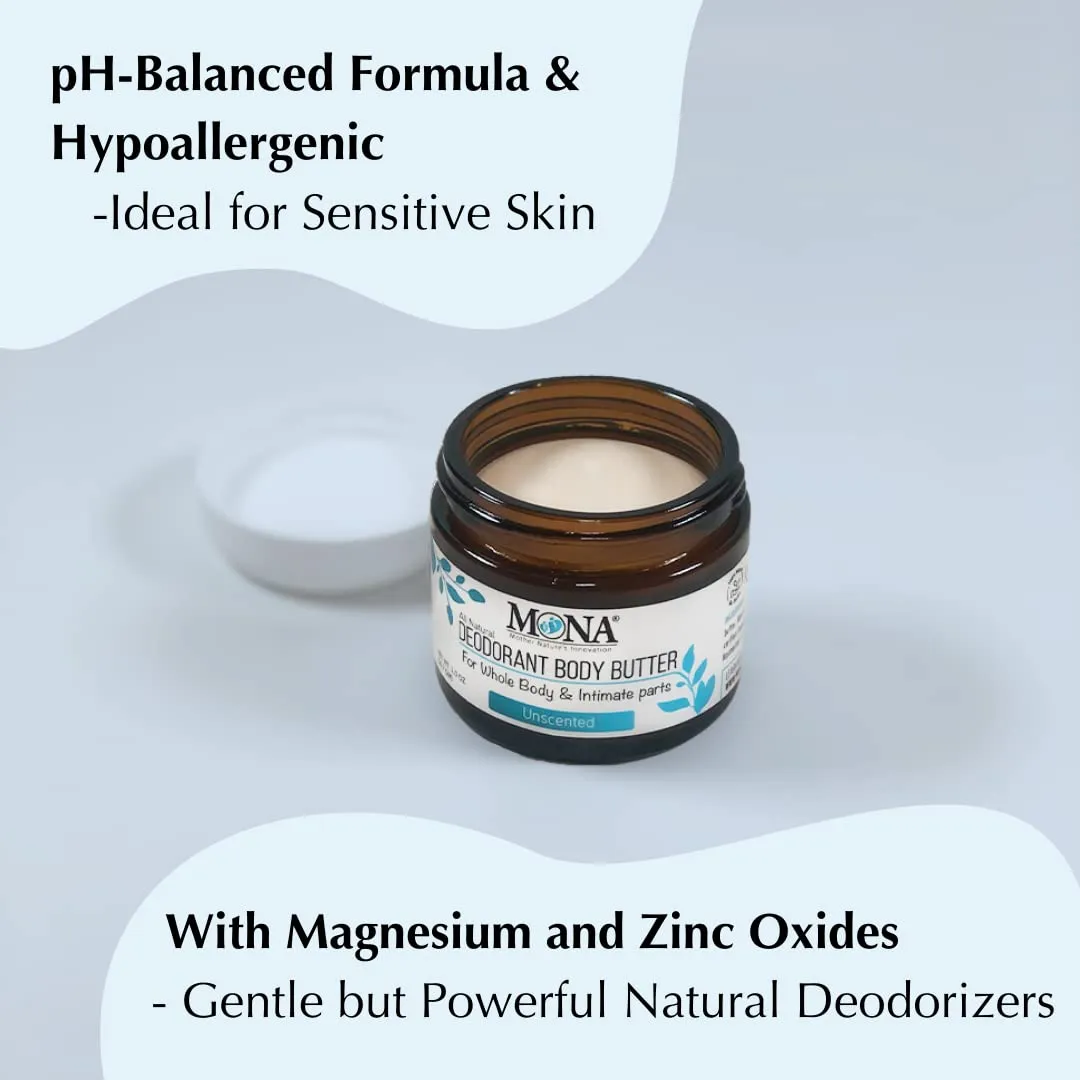 MONA UNSCENTED All Natural Deodorant for Whole Body & Intimate Parts | Hypoallergenic & Safe for Women & Men with Sensitive skin | No Aluminum, Baking Soda or Synthetic Fragrance | Unscented, 2.0 Oz