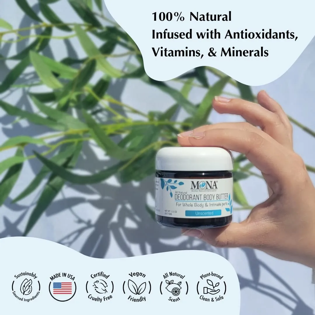 MONA UNSCENTED All Natural Deodorant for Whole Body & Intimate Parts | Hypoallergenic & Safe for Women & Men with Sensitive skin | No Aluminum, Baking Soda or Synthetic Fragrance | Unscented, 2.0 Oz