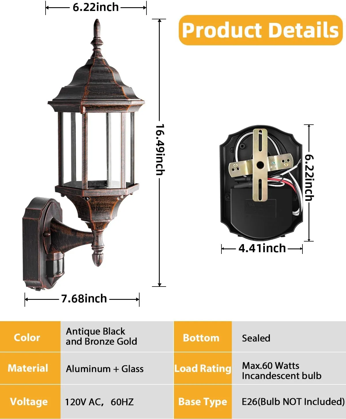 Motion Sensor Outdoor Lights, 16 inch Dusk to Dawn Outside Porch Lights, Waterproof Anti-Rust Aluminum Outdoor Wall Lights for House, Garage, Front Door, Antique Black and Bronze Gold