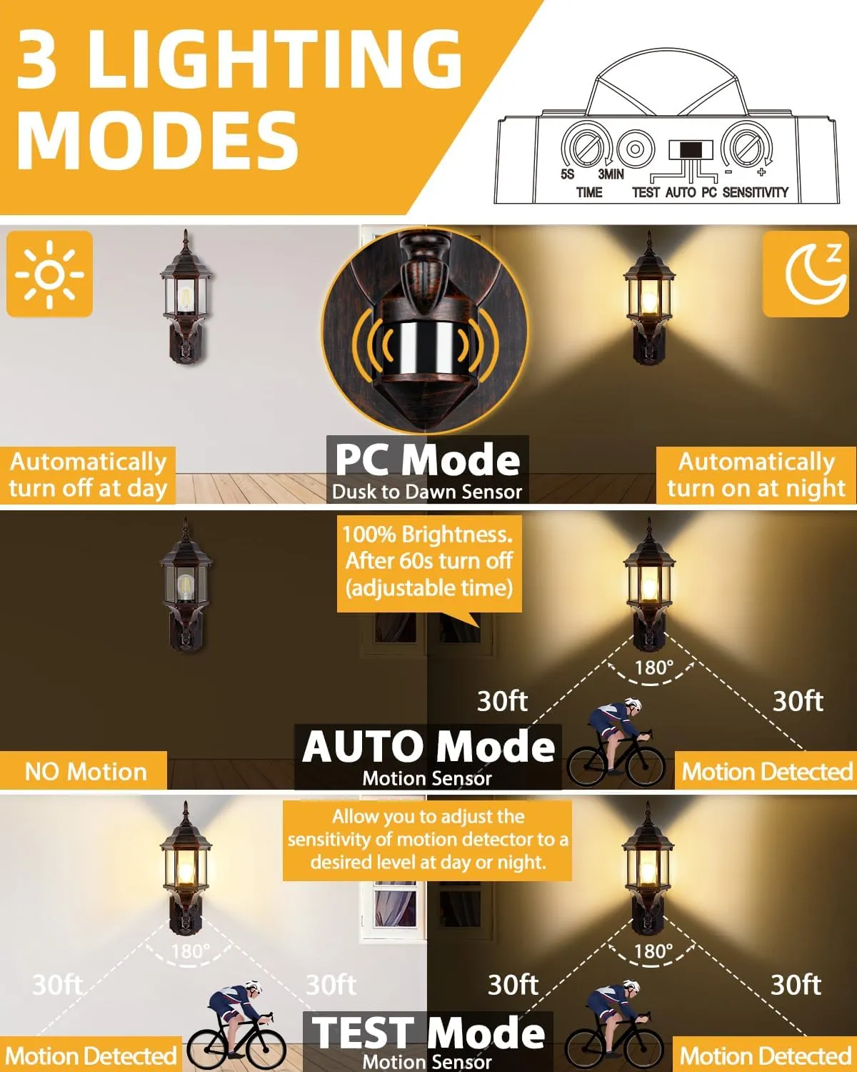 Motion Sensor Outdoor Lights, 16 inch Dusk to Dawn Outside Porch Lights, Waterproof Anti-Rust Aluminum Outdoor Wall Lights for House, Garage, Front Door, Antique Black and Bronze Gold