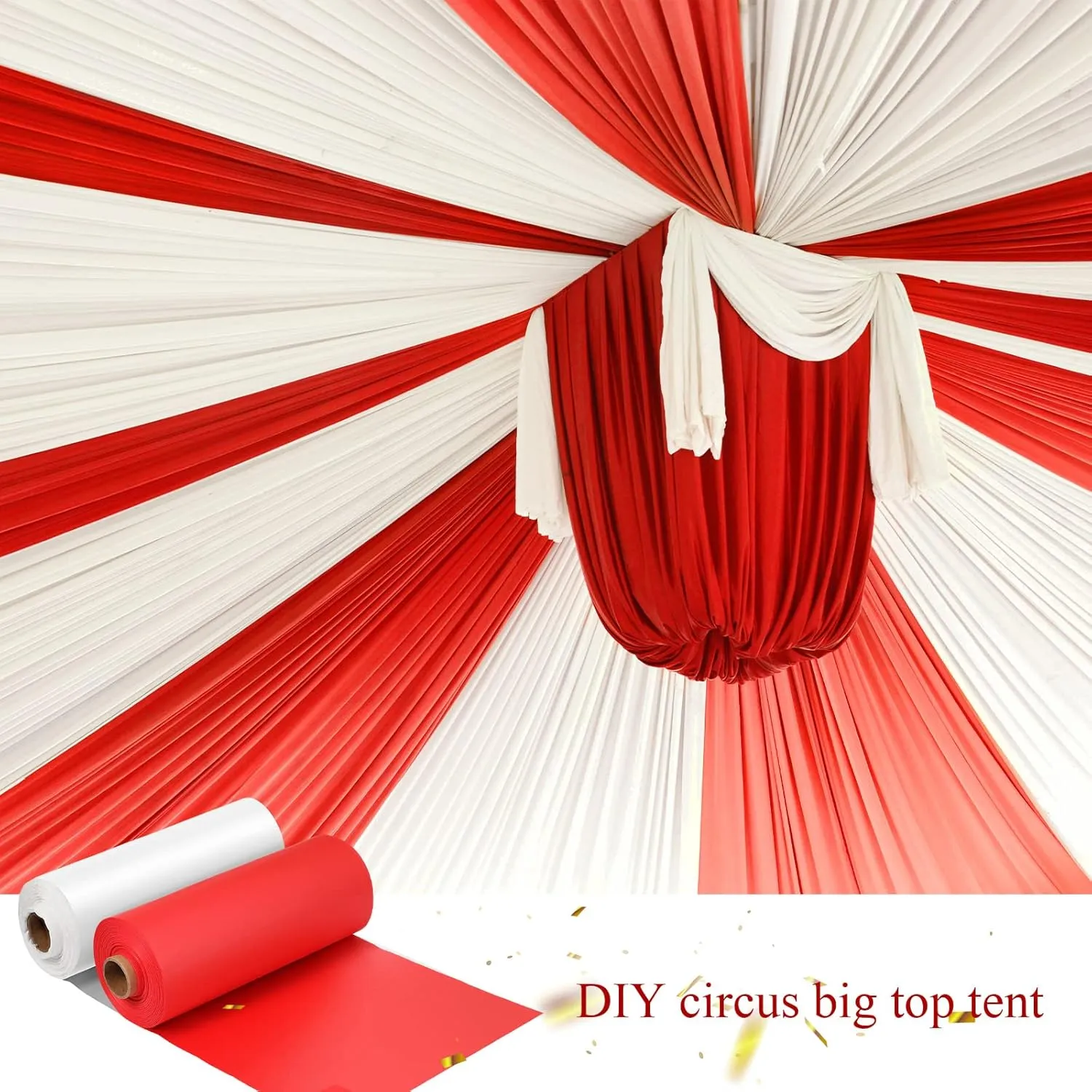 Moukeren 40 x 100'' Circus Tablecloth Roll Plastic Tablecloth Disposable DIY Carnival Tent Party Supplies for Big Top Tent Backdrop Curtains Ceiling Wall Drapes(White, Red,2 Roll)