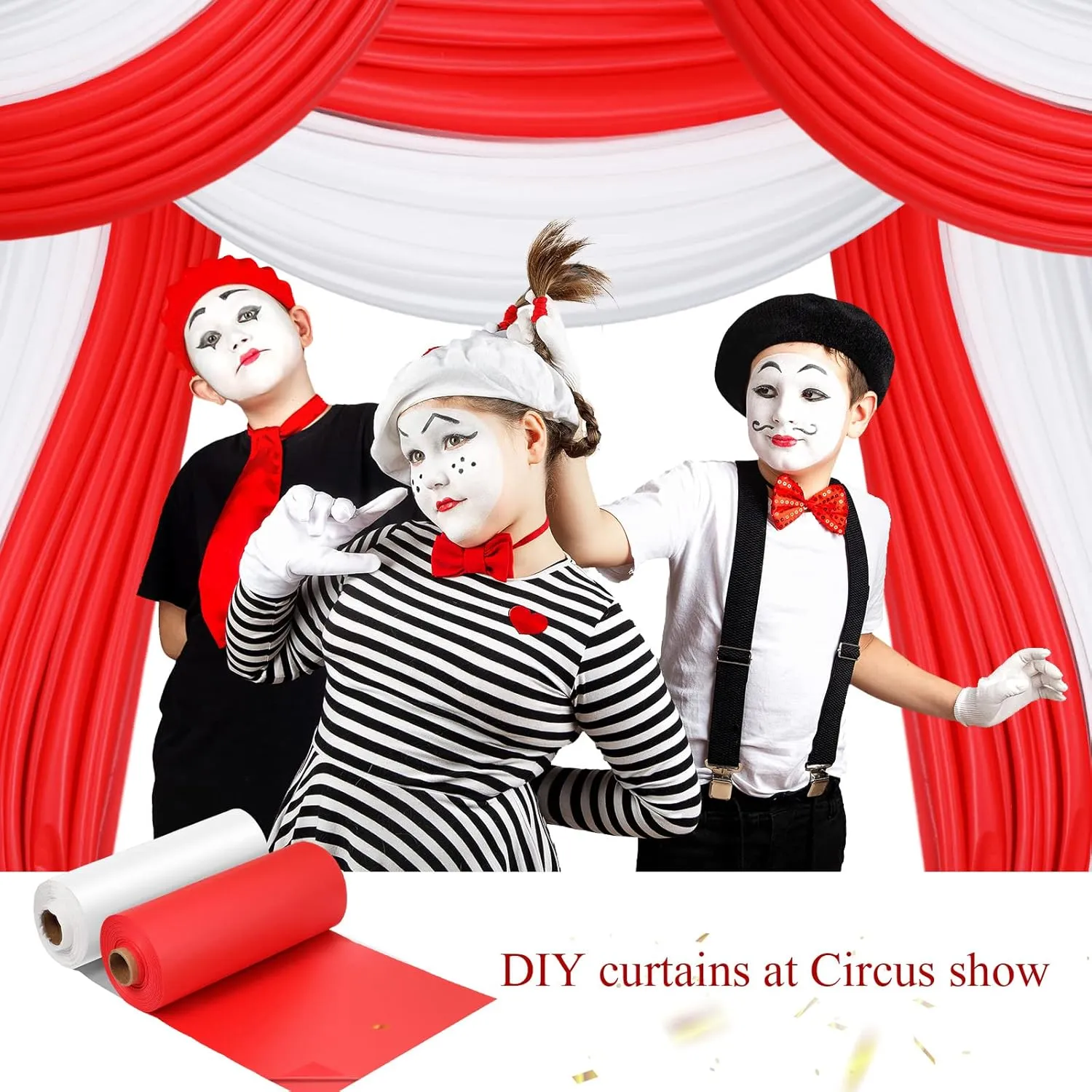 Moukeren 40 x 100'' Circus Tablecloth Roll Plastic Tablecloth Disposable DIY Carnival Tent Party Supplies for Big Top Tent Backdrop Curtains Ceiling Wall Drapes(White, Red,2 Roll)
