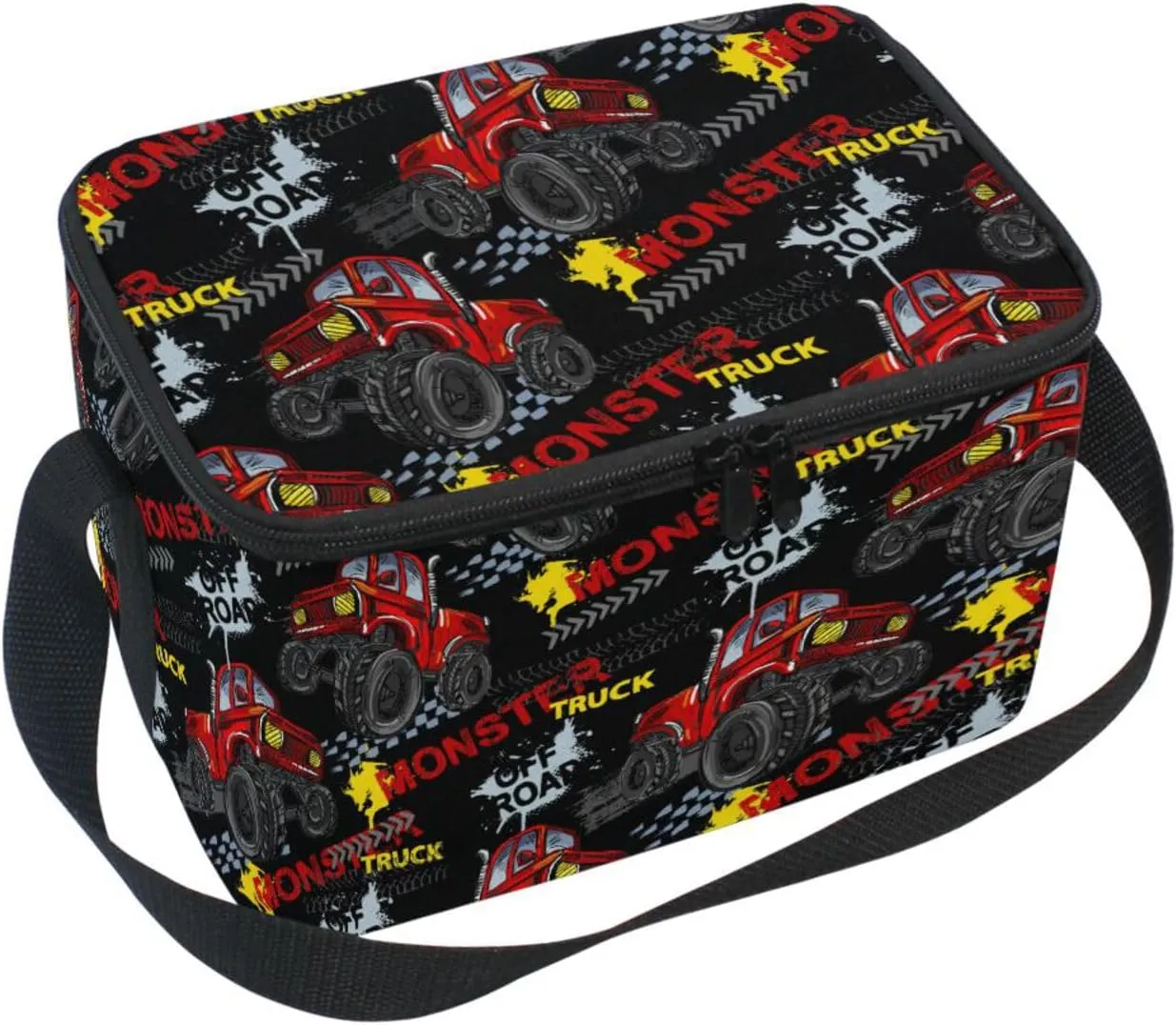 Naanle Insulated Canvas Zipper Lunch Bag Cooler Tote Bag for Kids Adult Men Women, Monster Trucks Long Strap Lunch Boxes Lunchboxes Meal Prep Handbag for School Office Outdoors