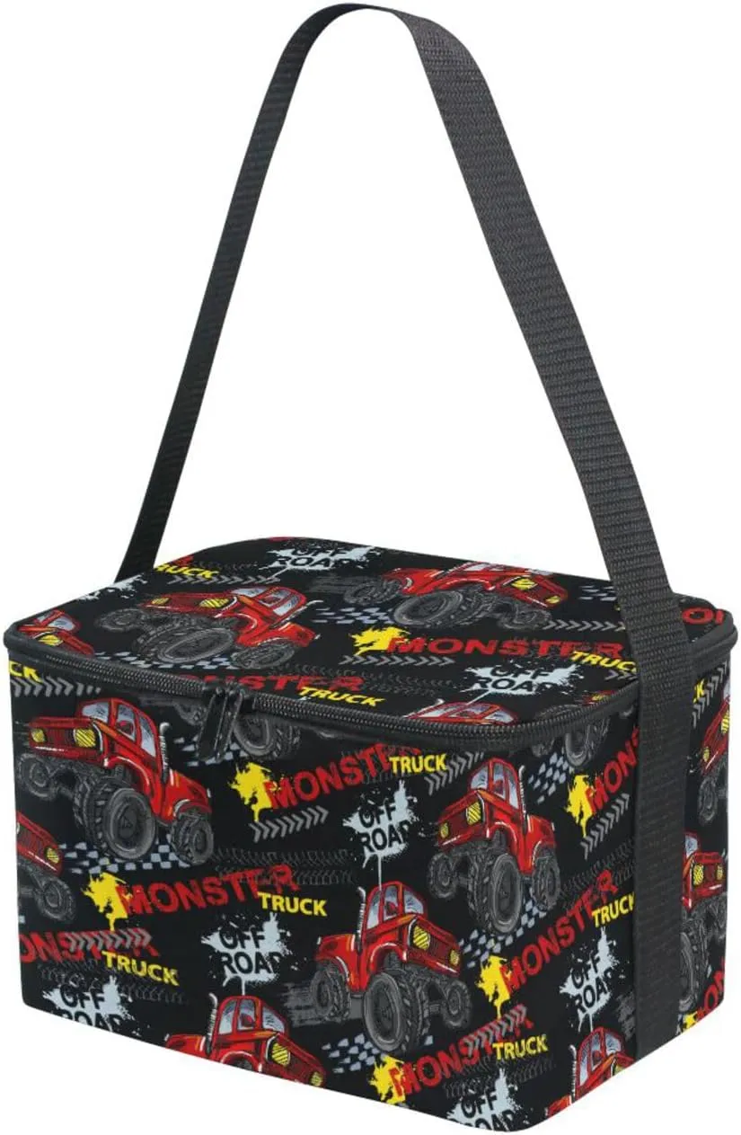 Naanle Insulated Canvas Zipper Lunch Bag Cooler Tote Bag for Kids Adult Men Women, Monster Trucks Long Strap Lunch Boxes Lunchboxes Meal Prep Handbag for School Office Outdoors
