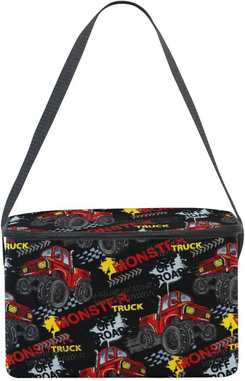 Naanle Insulated Canvas Zipper Lunch Bag Cooler Tote Bag for Kids Adult Men Women, Monster Trucks Long Strap Lunch Boxes Lunchboxes Meal Prep Handbag for School Office Outdoors