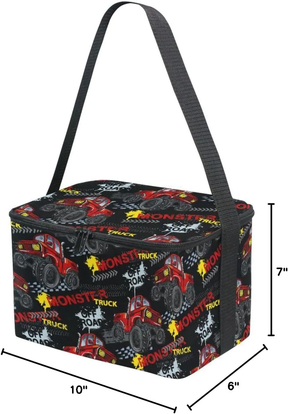 Naanle Insulated Canvas Zipper Lunch Bag Cooler Tote Bag for Kids Adult Men Women, Monster Trucks Long Strap Lunch Boxes Lunchboxes Meal Prep Handbag for School Office Outdoors