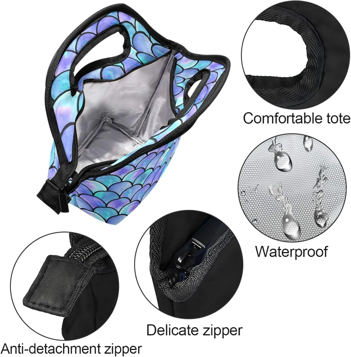 Naanle Mermaid Scale Insulated Zipper Lunch Bag Cooler Tote Bag for Adult Teen Men Women, Ocean Mermaid Lunch Boxes Lunchboxes Meal Prep Handbag
