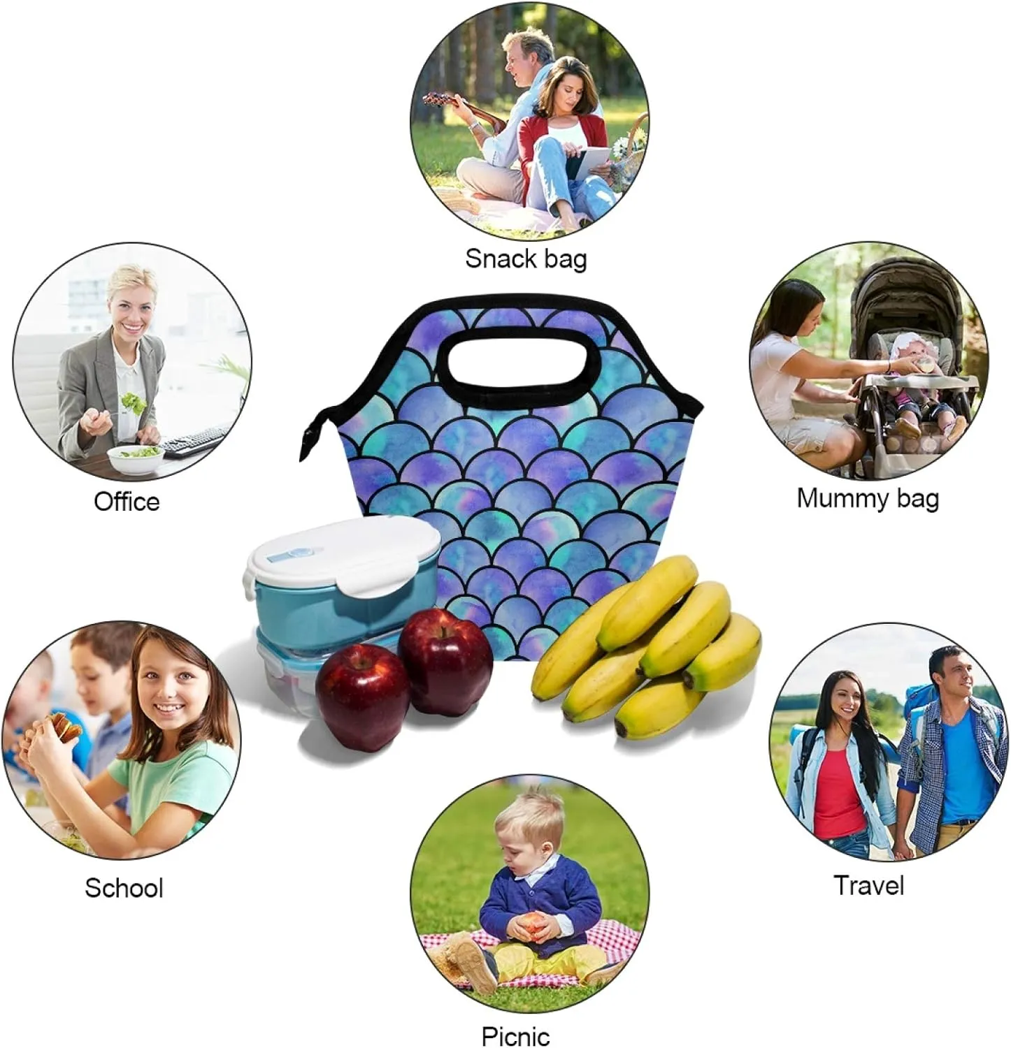 Naanle Mermaid Scale Insulated Zipper Lunch Bag Cooler Tote Bag for Adult Teen Men Women, Ocean Mermaid Lunch Boxes Lunchboxes Meal Prep Handbag