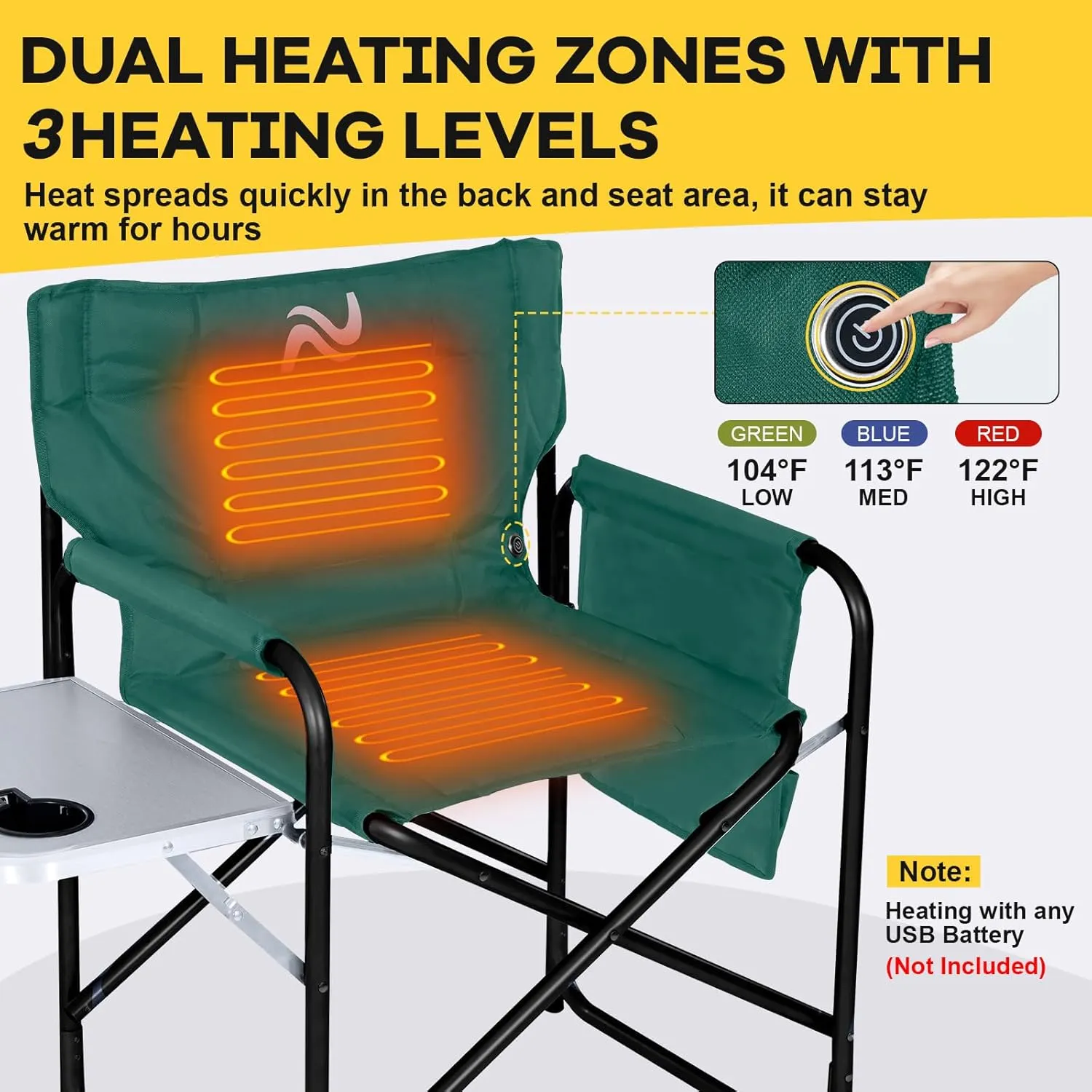 NAIZEA Heated Director Chair-Heated Camping Chair for Adult, Heated Outdoor Chairs, Oversized High Director Chairs with Side Table Pockets, Makeup Folding Fishing Seat Supports 550lbs