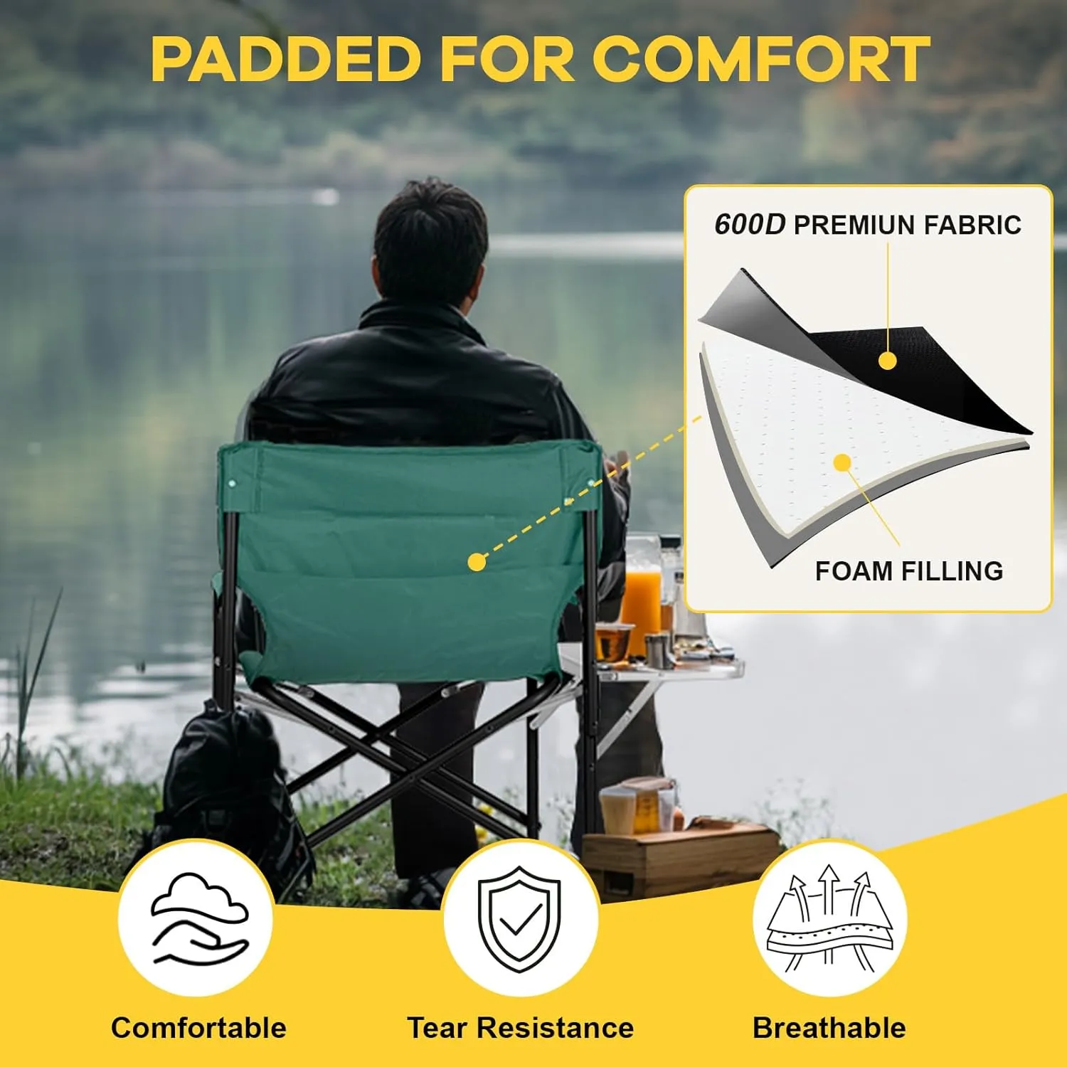 NAIZEA Heated Director Chair-Heated Camping Chair for Adult, Heated Outdoor Chairs, Oversized High Director Chairs with Side Table Pockets, Makeup Folding Fishing Seat Supports 550lbs