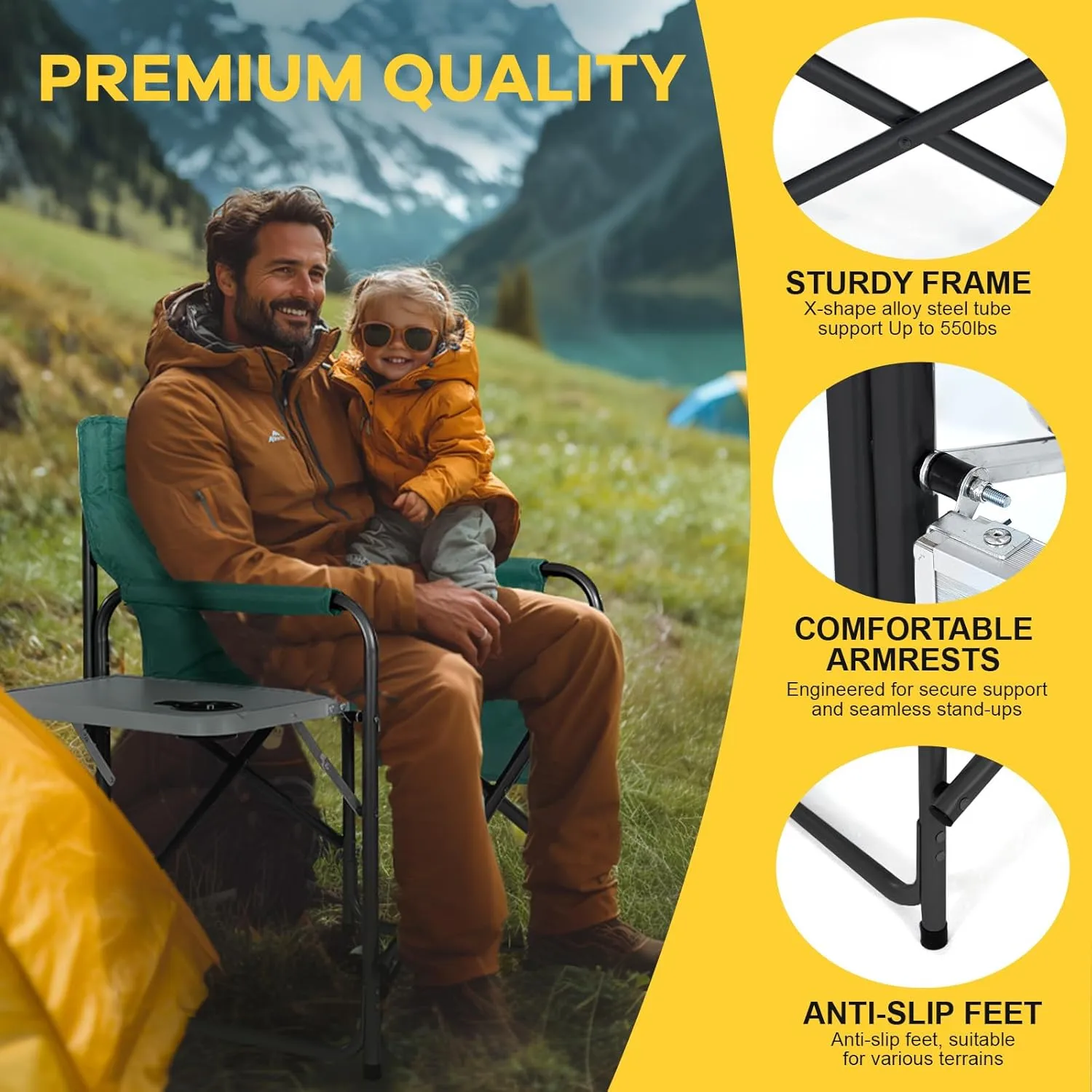 NAIZEA Heated Director Chair-Heated Camping Chair for Adult, Heated Outdoor Chairs, Oversized High Director Chairs with Side Table Pockets, Makeup Folding Fishing Seat Supports 550lbs