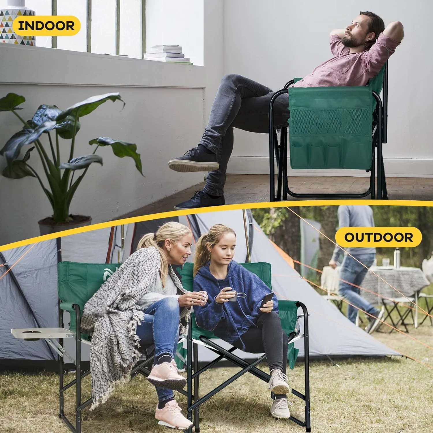 NAIZEA Heated Director Chair-Heated Camping Chair for Adult, Heated Outdoor Chairs, Oversized High Director Chairs with Side Table Pockets, Makeup Folding Fishing Seat Supports 550lbs