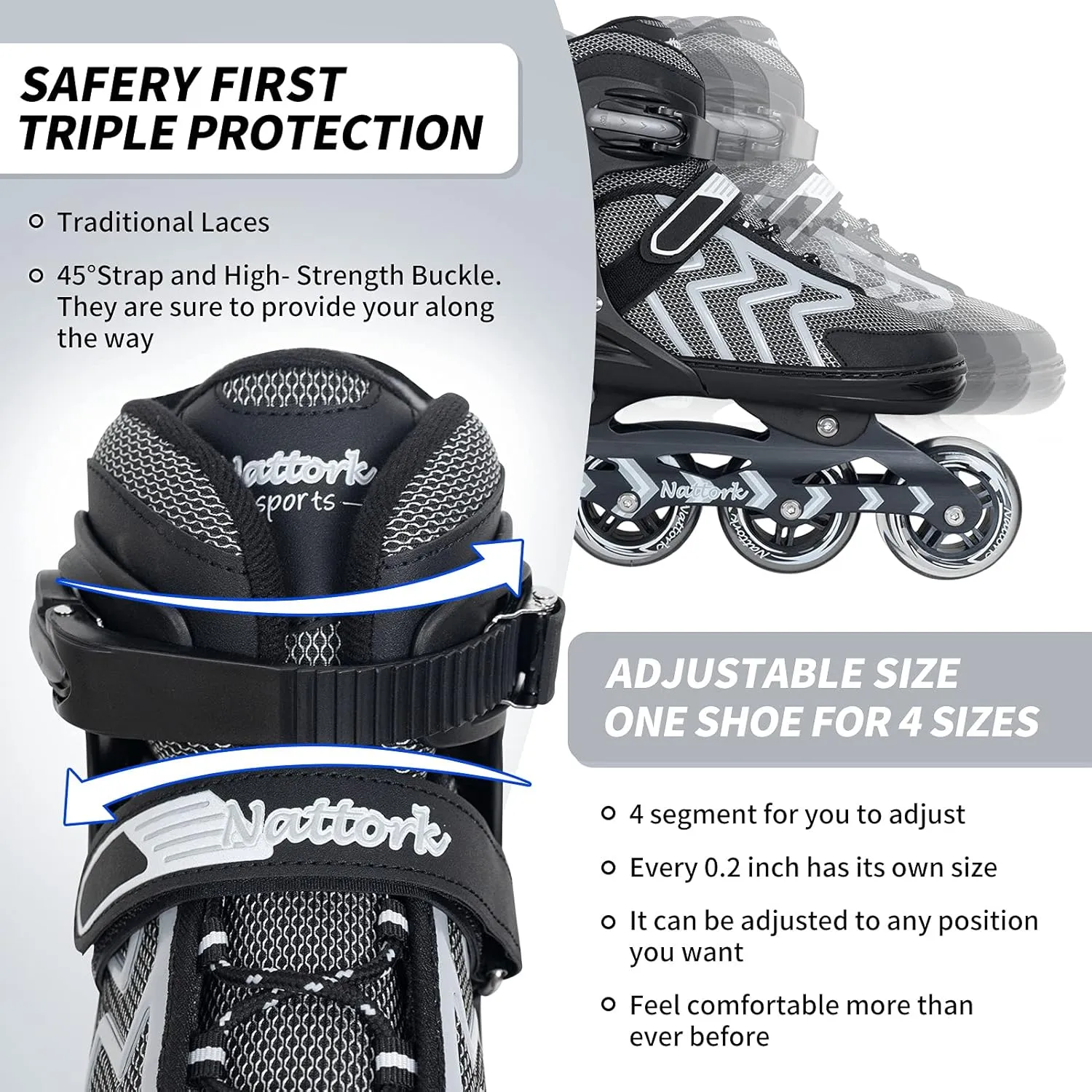 Nattork Adjustable Inline Skates for Adults and Teens, Outdoor & Indoor Blades Roller Skates for Boys, Beginners