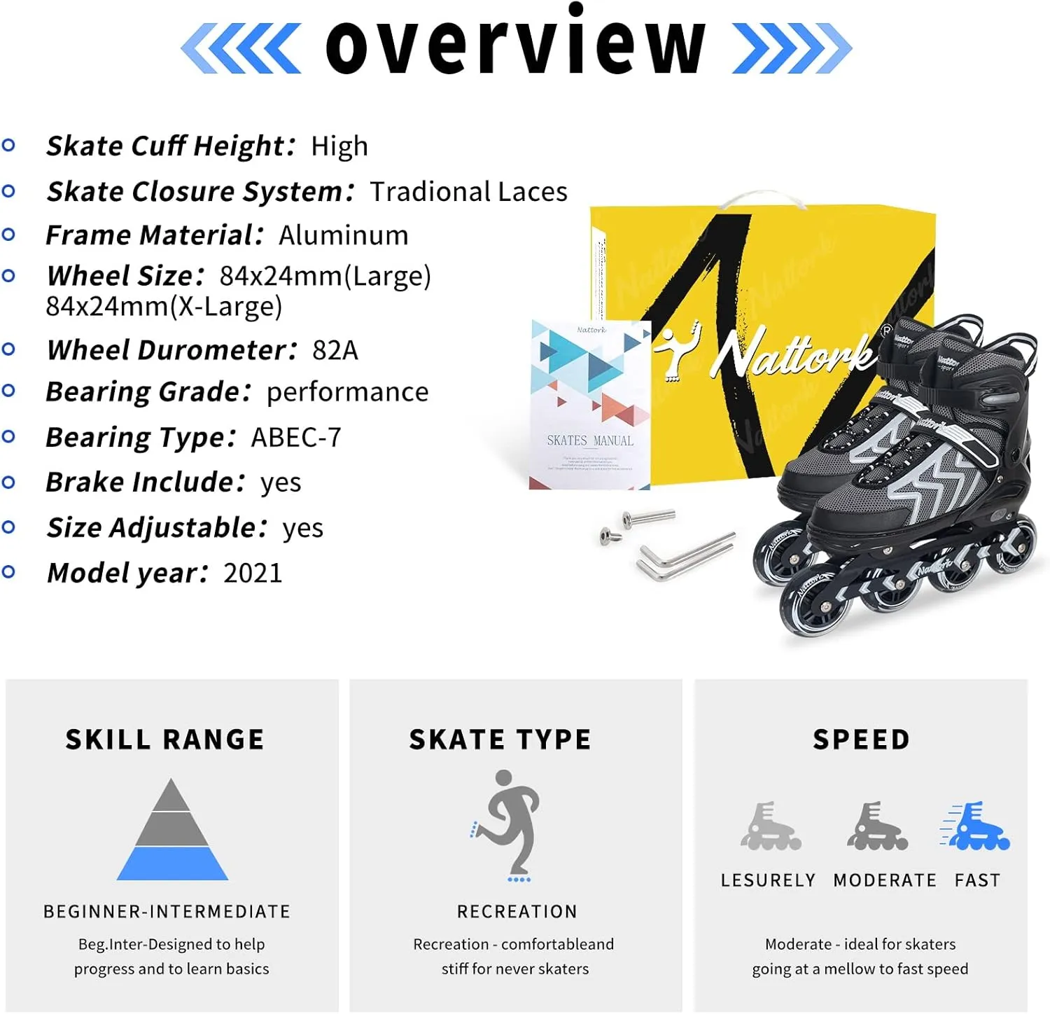 Nattork Adjustable Inline Skates for Adults and Teens, Outdoor & Indoor Blades Roller Skates for Boys, Beginners