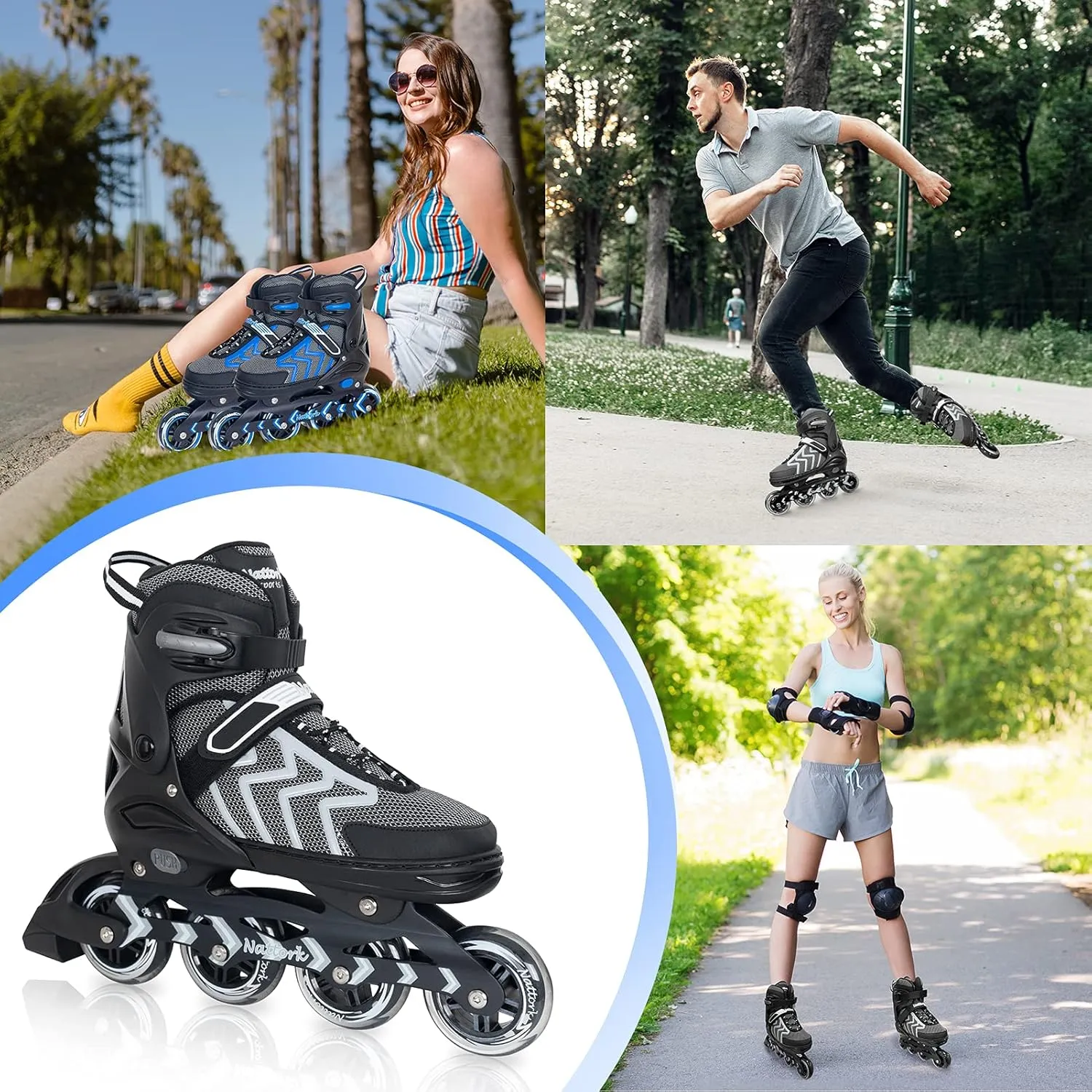 Nattork Adjustable Inline Skates for Adults and Teens, Outdoor & Indoor Blades Roller Skates for Boys, Beginners