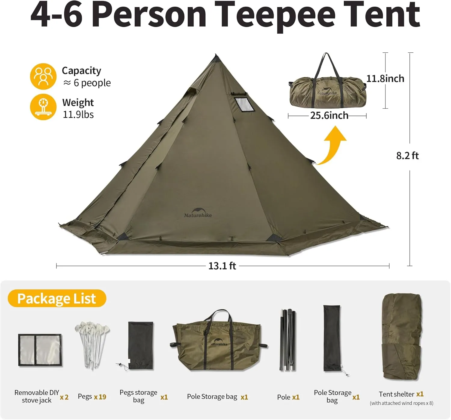 Naturehike Ranch Fire Teepee Tent with Stove Jack, 4-6 Person Waterproof Windproof 4 Season Tent for Cold Weather Camping