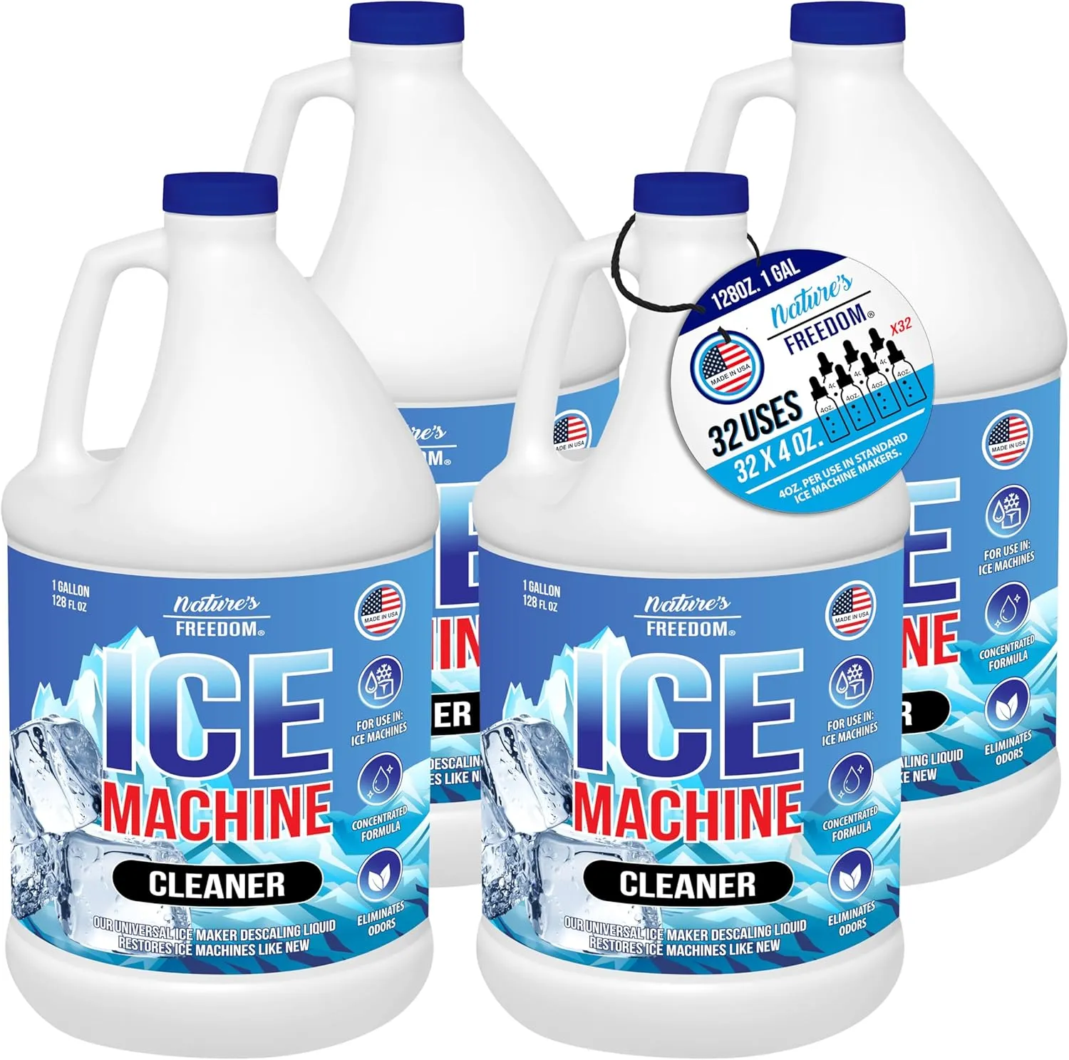 Nature's Freedom Ice Machine Cleaner - 4 Gallons (128 Uses) - Nickel-Safe Descaler, Made in USA, Universal Compatibility for Commercial/Residential Ice Makers such as Whirlpool, Scotsman and All