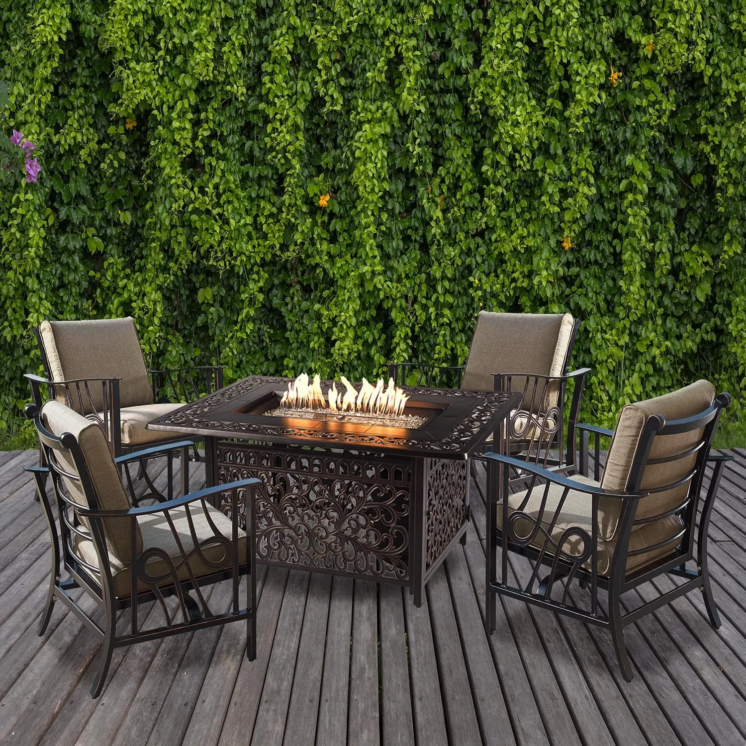 Oakland Living Aluminum 48-in Rectangular Antique Copper Fire Table Set with Four Deep Seating Rocking Chairs, Fire Beads, Lid, Propane Tank Cover and Table Fabric Covers