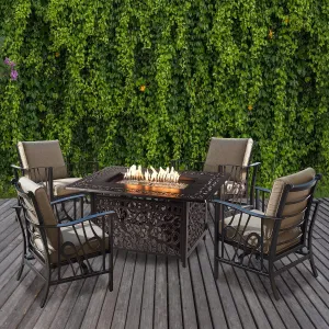 Oakland Living Aluminum 48-in Rectangular Antique Copper Fire Table Set with Four Deep Seating Rocking Chairs, Fire Beads, Lid, Propane Tank Cover and Table Fabric Covers