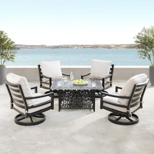 Oakland Living Aluminum 48 in. Rectangular Fire Table Set Four Deep Swivel Rockers, Fire Beads, Lid and Fabric Covers