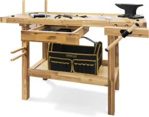Olympia Tools 48-Inch Acacia Hardwood Workbench with Drawer - 330lbs Weight Capacity Heavy Duty Portable Wood Work Bench Table for Garage, Workshop, Home Storage - Woodworking Wooden Workbenches