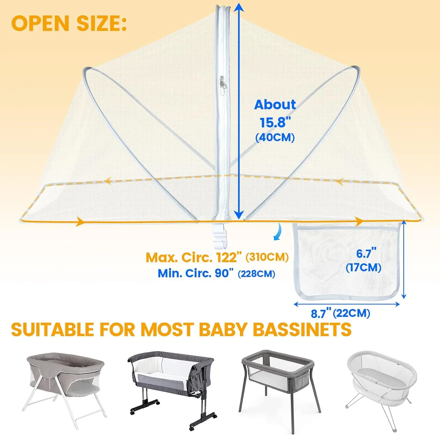 Orzbow Bassinet Cover with Two-Way Zippers & Storage Bag, Bassine Mosquito Net Cover for Bedside Sleeper to Keep Cats Out- Infant from Mosquito Bites and Falling Protection, White