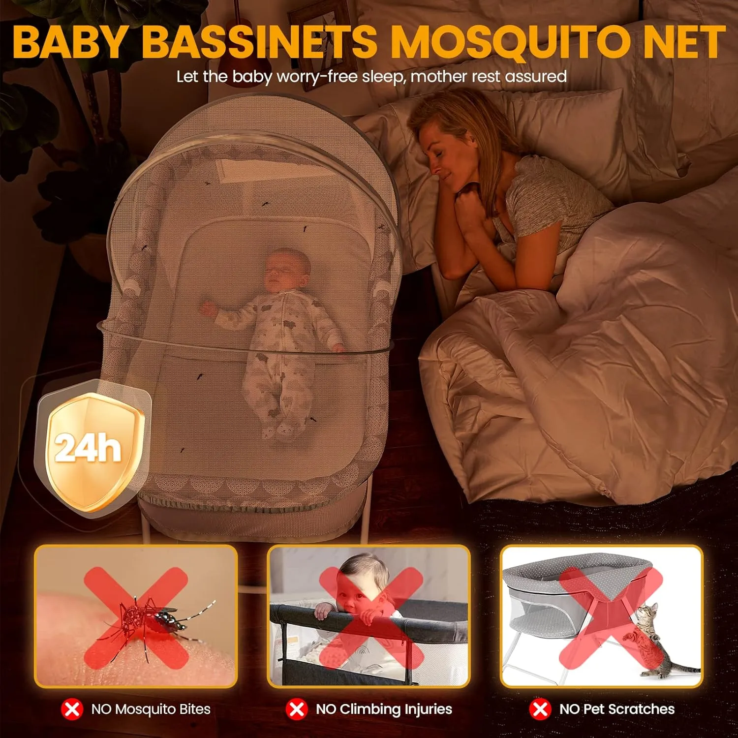 Orzbow Bassinet Cover with Two-Way Zippers & Storage Bag, Bassine Mosquito Net Cover for Bedside Sleeper to Keep Cats Out- Infant from Mosquito Bites and Falling Protection, White