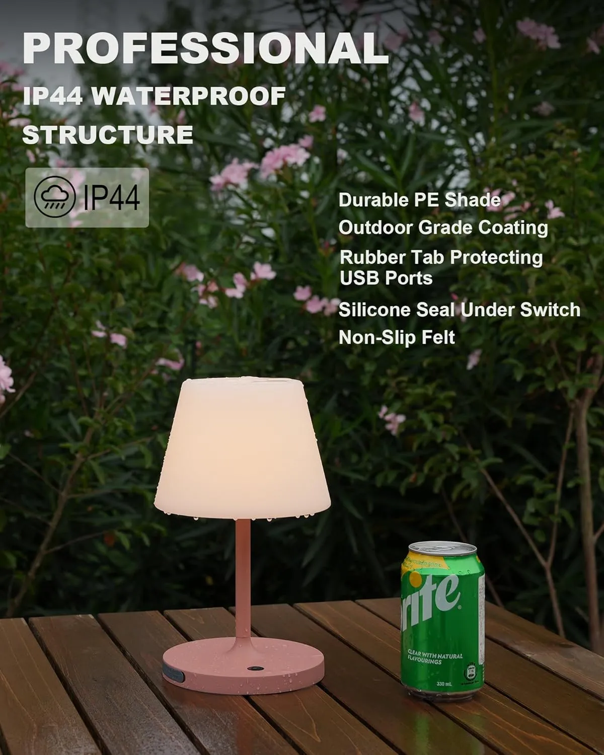 Outdoor Battery Operated Table Lamp Waterproof, 4000mAh Cordless Table Lamp Rechargeable, Touch Dimmable Desk Lamp, LED Night Light for Patio Camping Restaurant Home, H9.6in, Pink