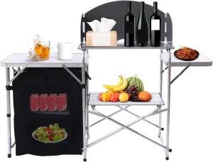 Outdoor Cook Station Portable Camping Kitchen Table Portable with Storage Folding Picnic Table Camp Cook Station Detachable Windscreen for Outdoor Beach BBQ Picnic Cooking (Black)