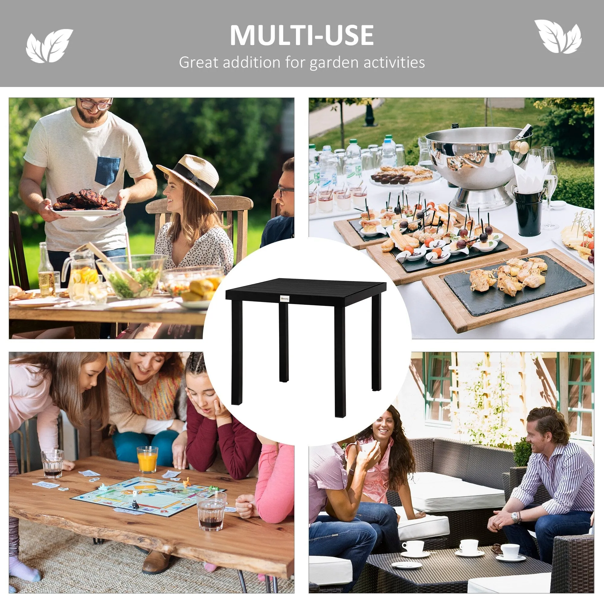 Outdoor Dining Table for 4 Person, Square, Aluminum Metal Legs for Garden, Lawn, Patio, Woodgrain Black