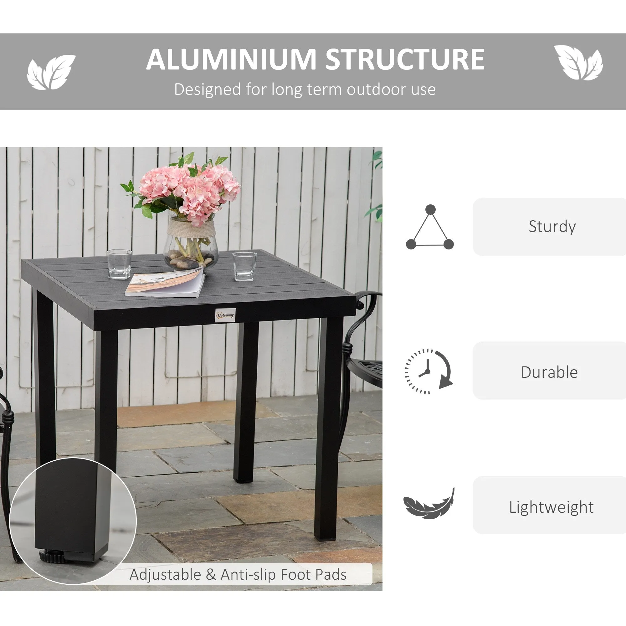 Outdoor Dining Table for 4 Person, Square, Aluminum Metal Legs for Garden, Lawn, Patio, Woodgrain Black