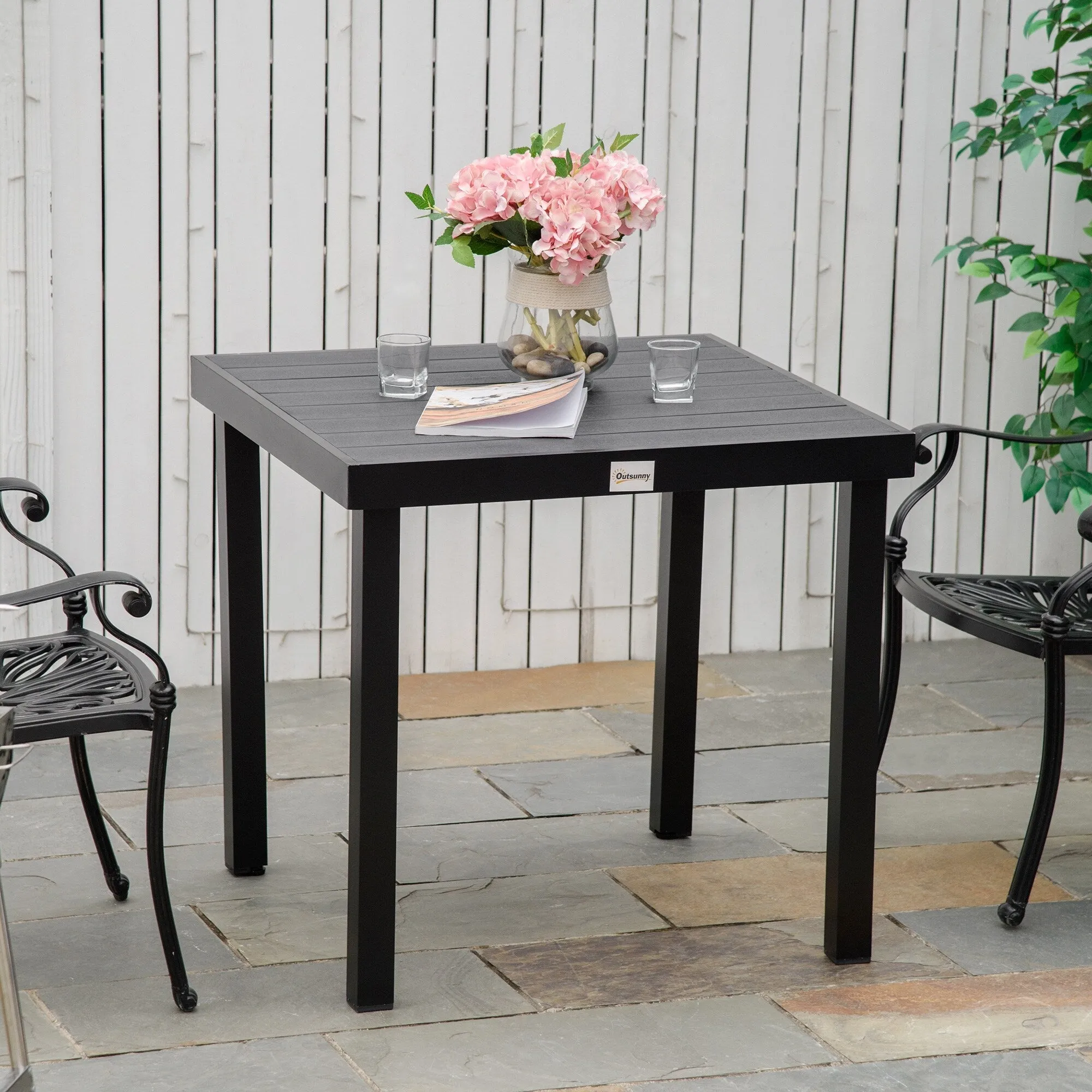 Outdoor Dining Table for 4 Person, Square, Aluminum Metal Legs for Garden, Lawn, Patio, Woodgrain Black