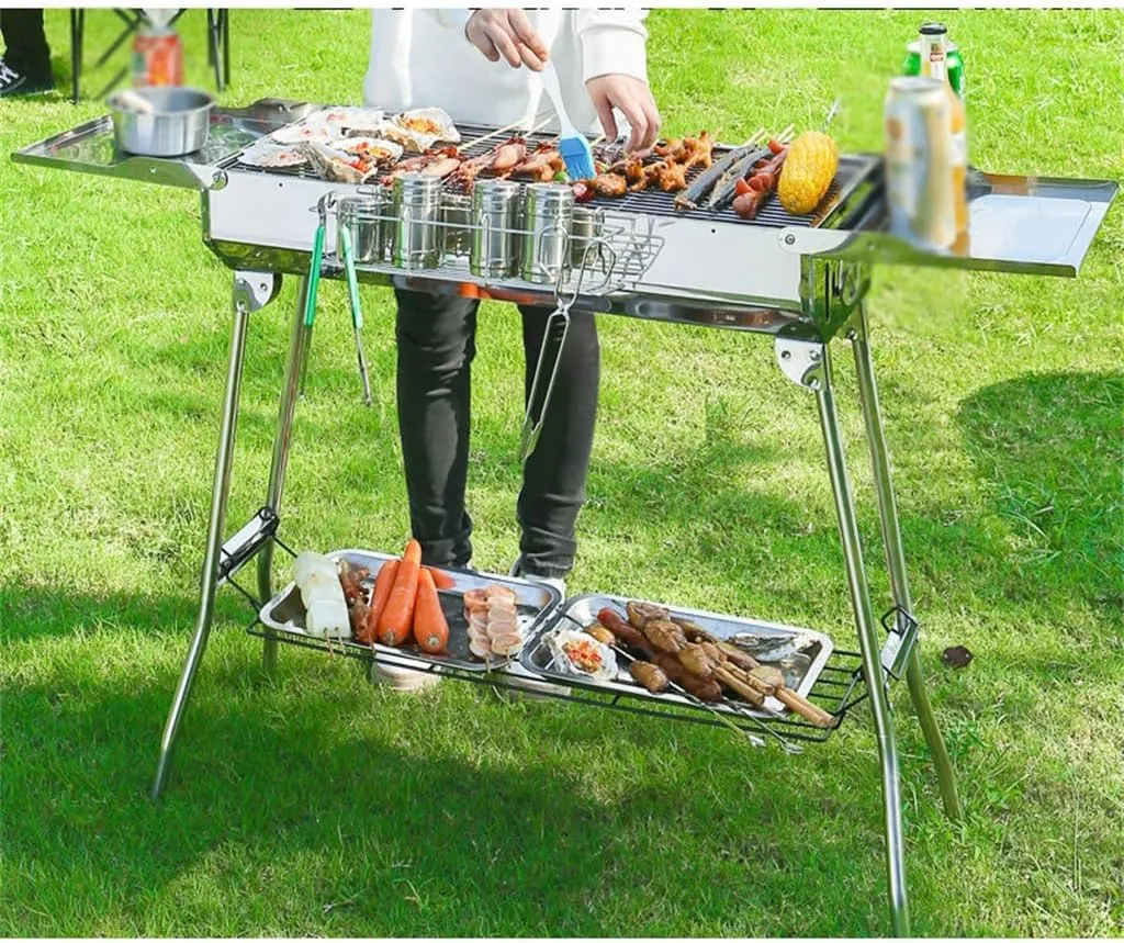 Outdoor Folding Portable Barbecue Rack BBQ Charcoal Household Barbecue Thickened Stainless Steel