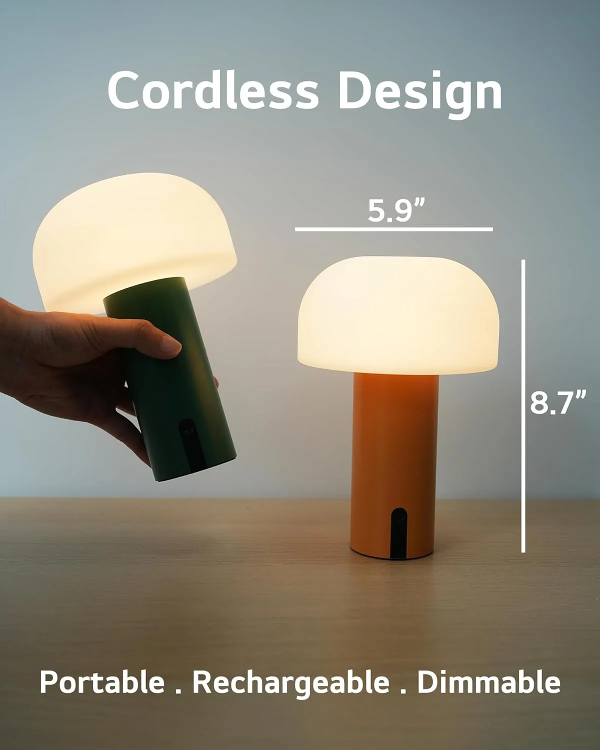 Outdoor Mushroom Table Lamp Rechargeable, Cordless Lamps for Patio Waterproof, Portable Battery Operated Lamp with USB Charging, Touch Dimming Night Light for Home/Porch/Restaurant (Green)