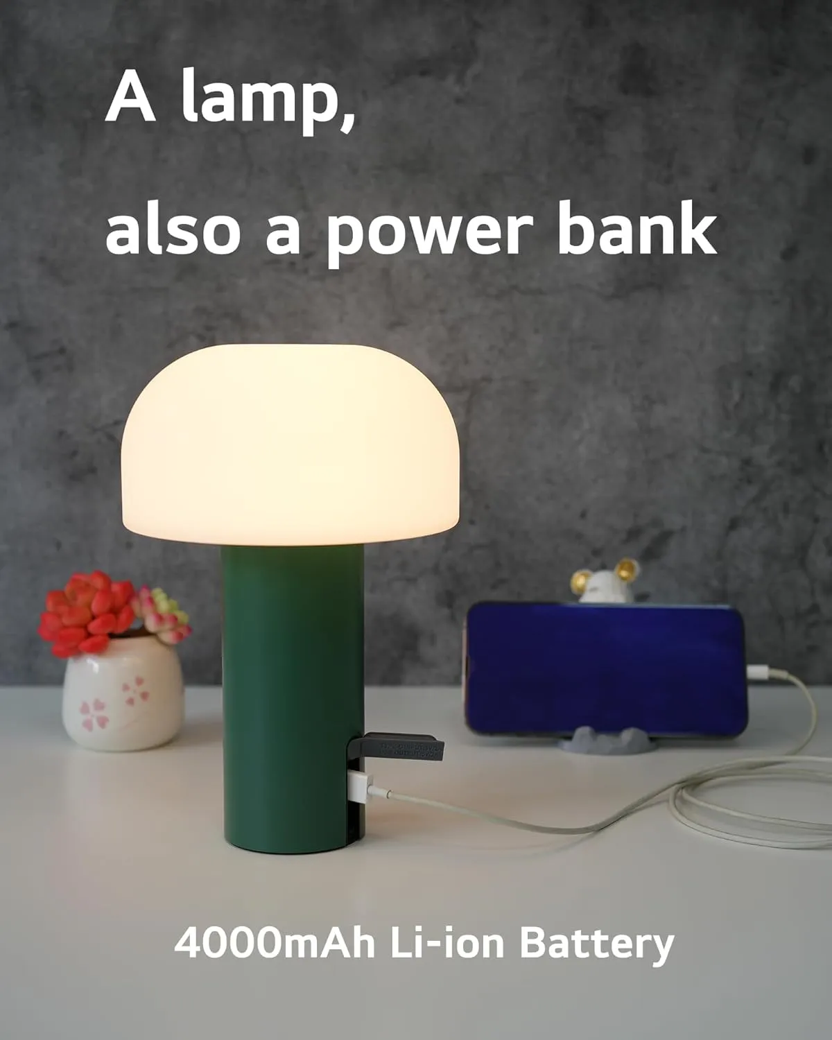 Outdoor Mushroom Table Lamp Rechargeable, Cordless Lamps for Patio Waterproof, Portable Battery Operated Lamp with USB Charging, Touch Dimming Night Light for Home/Porch/Restaurant (Green)