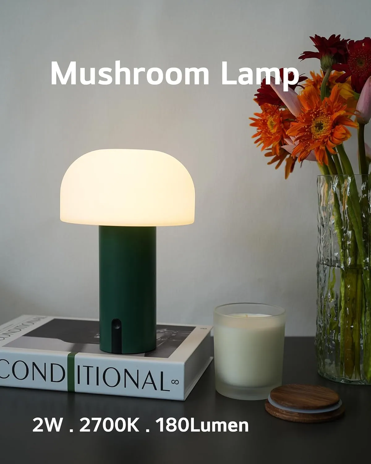 Outdoor Mushroom Table Lamp Rechargeable, Cordless Lamps for Patio Waterproof, Portable Battery Operated Lamp with USB Charging, Touch Dimming Night Light for Home/Porch/Restaurant (Green)