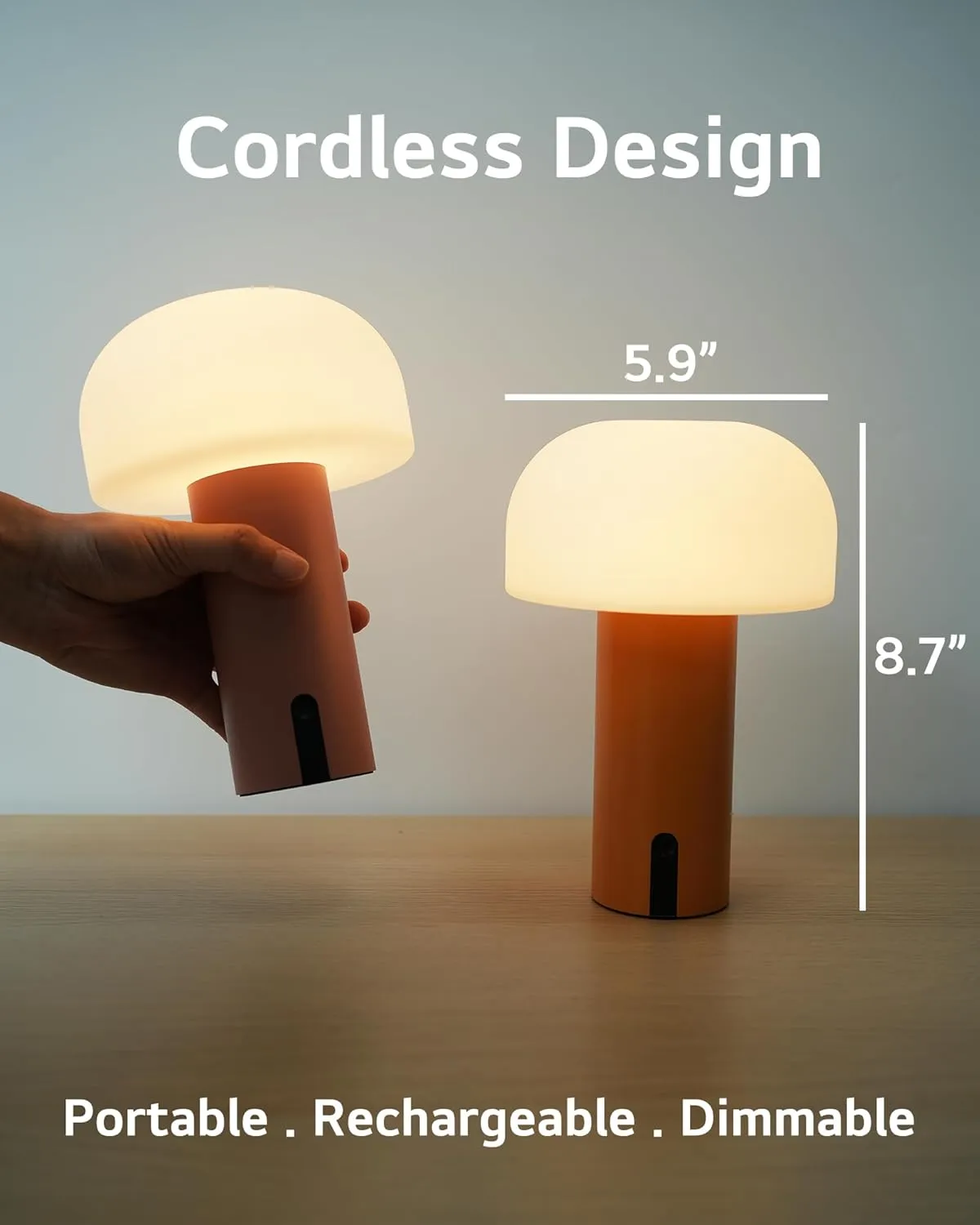 Outdoor Mushroom Table Lamp Rechargeable, Cordless Lamps for Patio Waterproof, Portable Battery Operated Lamp with USB Charging, Touch Dimming Night Light for Home/Porch/Restaurant (Pink)