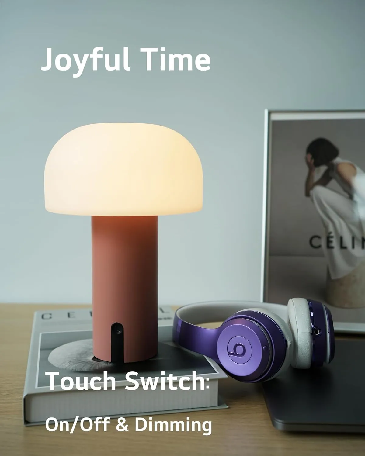 Outdoor Mushroom Table Lamp Rechargeable, Cordless Lamps for Patio Waterproof, Portable Battery Operated Lamp with USB Charging, Touch Dimming Night Light for Home/Porch/Restaurant (Pink)