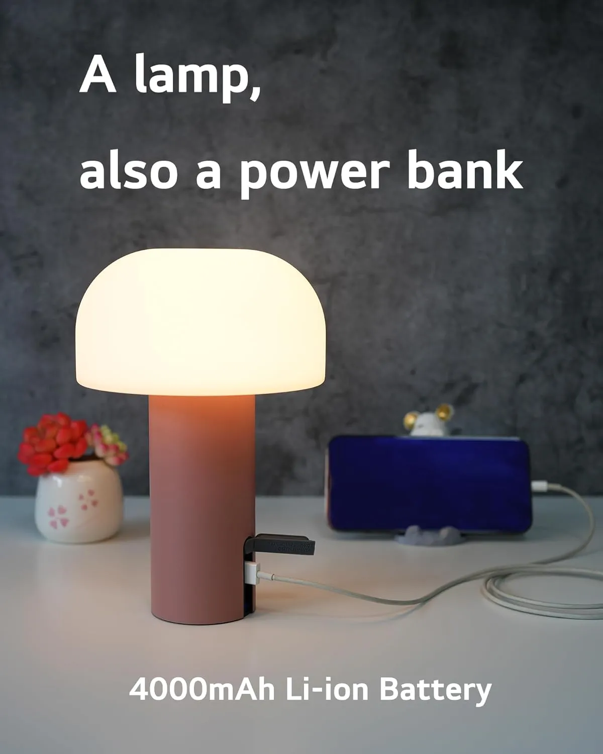 Outdoor Mushroom Table Lamp Rechargeable, Cordless Lamps for Patio Waterproof, Portable Battery Operated Lamp with USB Charging, Touch Dimming Night Light for Home/Porch/Restaurant (Pink)