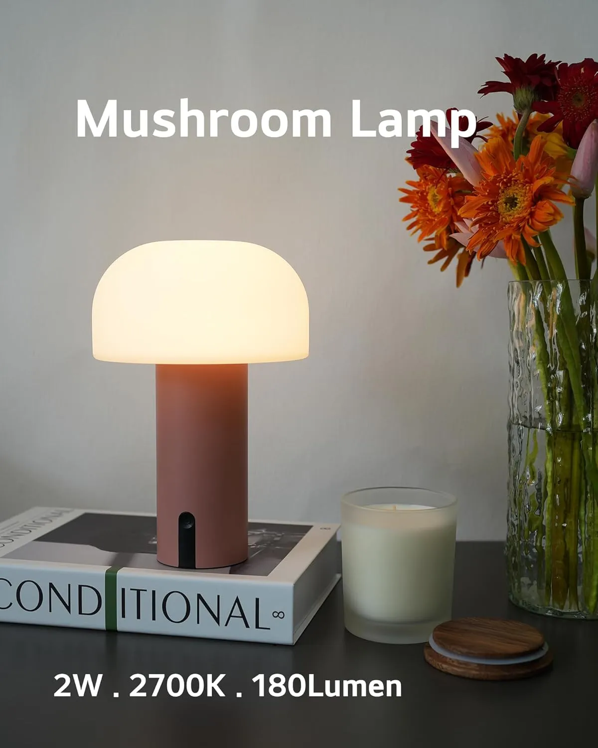 Outdoor Mushroom Table Lamp Rechargeable, Cordless Lamps for Patio Waterproof, Portable Battery Operated Lamp with USB Charging, Touch Dimming Night Light for Home/Porch/Restaurant (Pink)