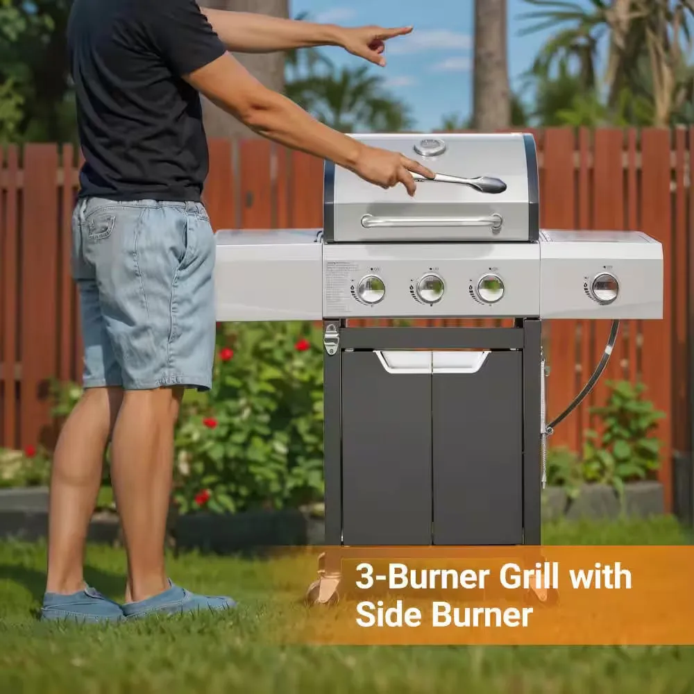 Outdoor Portable 3-Burner Propane Gas Grill with Side Burner and Cover in Stainless Steel