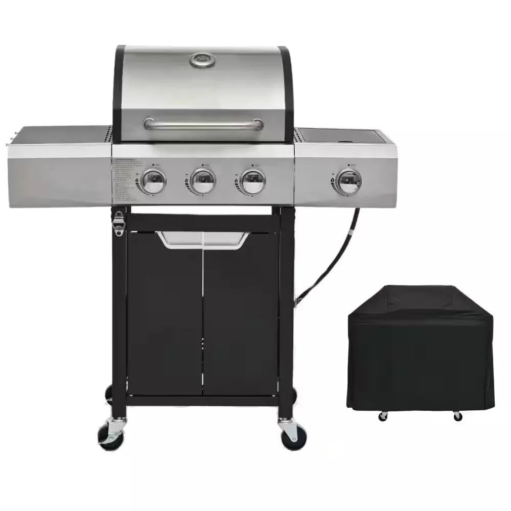 Outdoor Portable 3-Burner Propane Gas Grill with Side Burner and Cover in Stainless Steel
