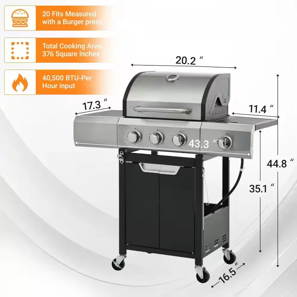 Outdoor Portable 3-Burner Propane Gas Grill with Side Burner and Cover in Stainless Steel