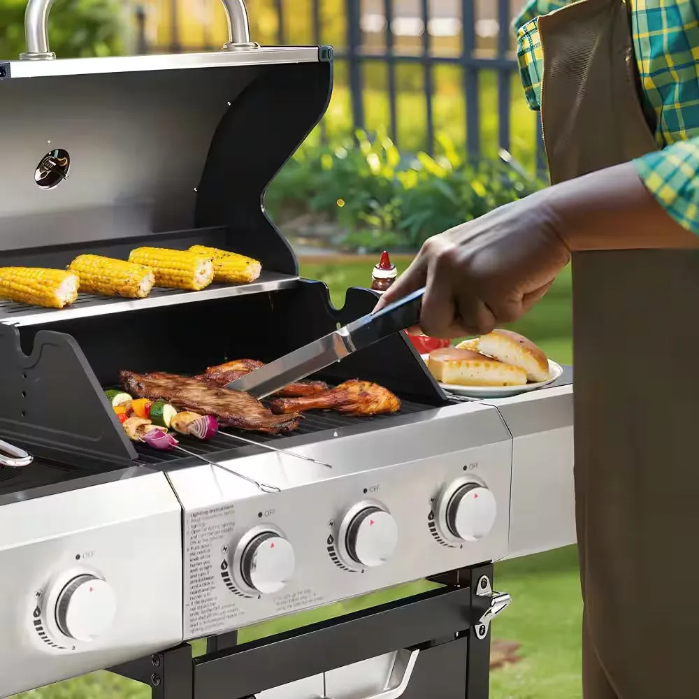 Outdoor Portable 3-Burner Propane Gas Grill with Side Burner and Cover in Stainless Steel