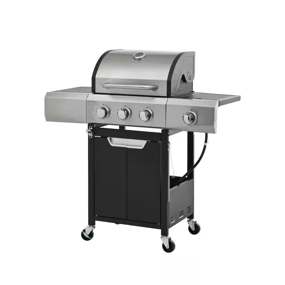 Outdoor Portable 3-Burner Propane Gas Grill with Side Burner and Cover in Stainless Steel