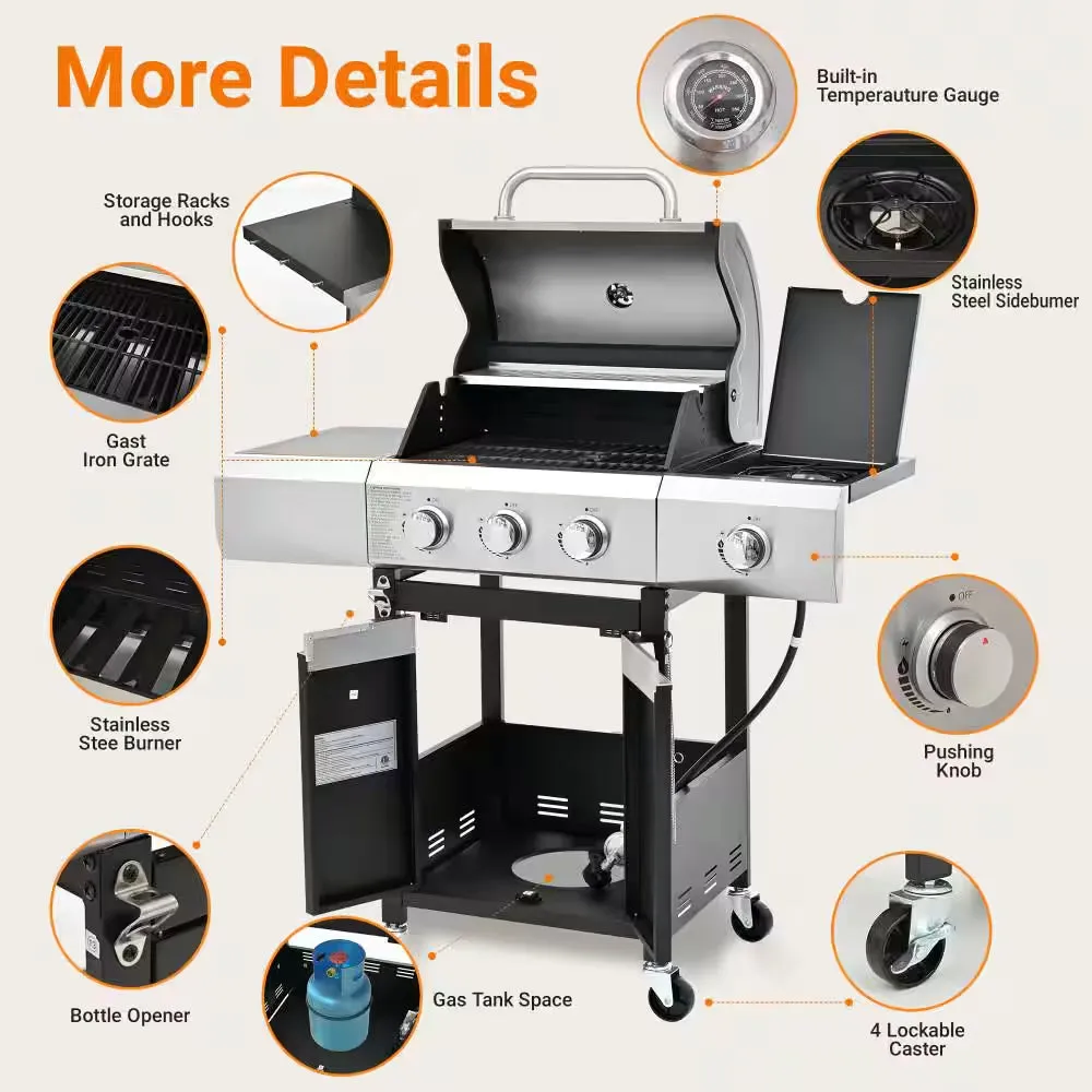 Outdoor Portable 3-Burner Propane Gas Grill with Side Burner and Cover in Stainless Steel