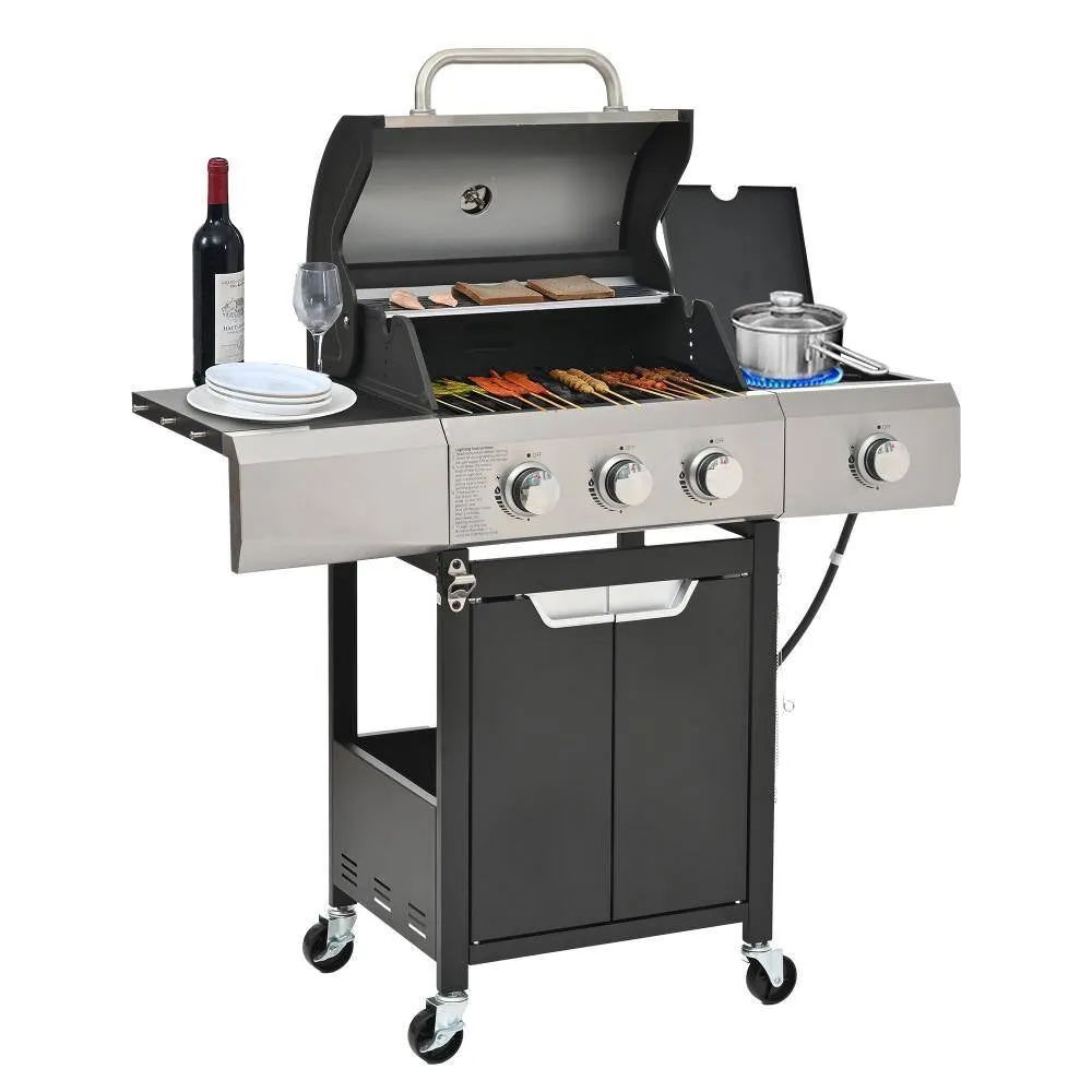 Outdoor Portable 3-Burner Propane Gas Grill with Side Burner and Cover in Stainless Steel
