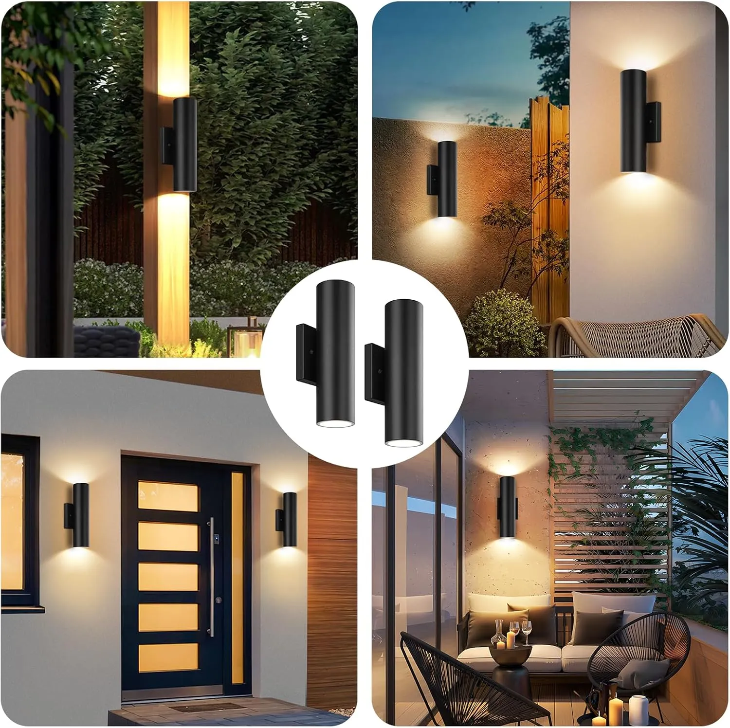Outdoor Wall Lights, 12W 3000K Integrated LED Cylinder Up Down Lights, 1200LM Super Bright Waterproof Exterior Wall Sconce, 2-Pack Modern Black Outside Wall Lantern for Porch Patio Garage