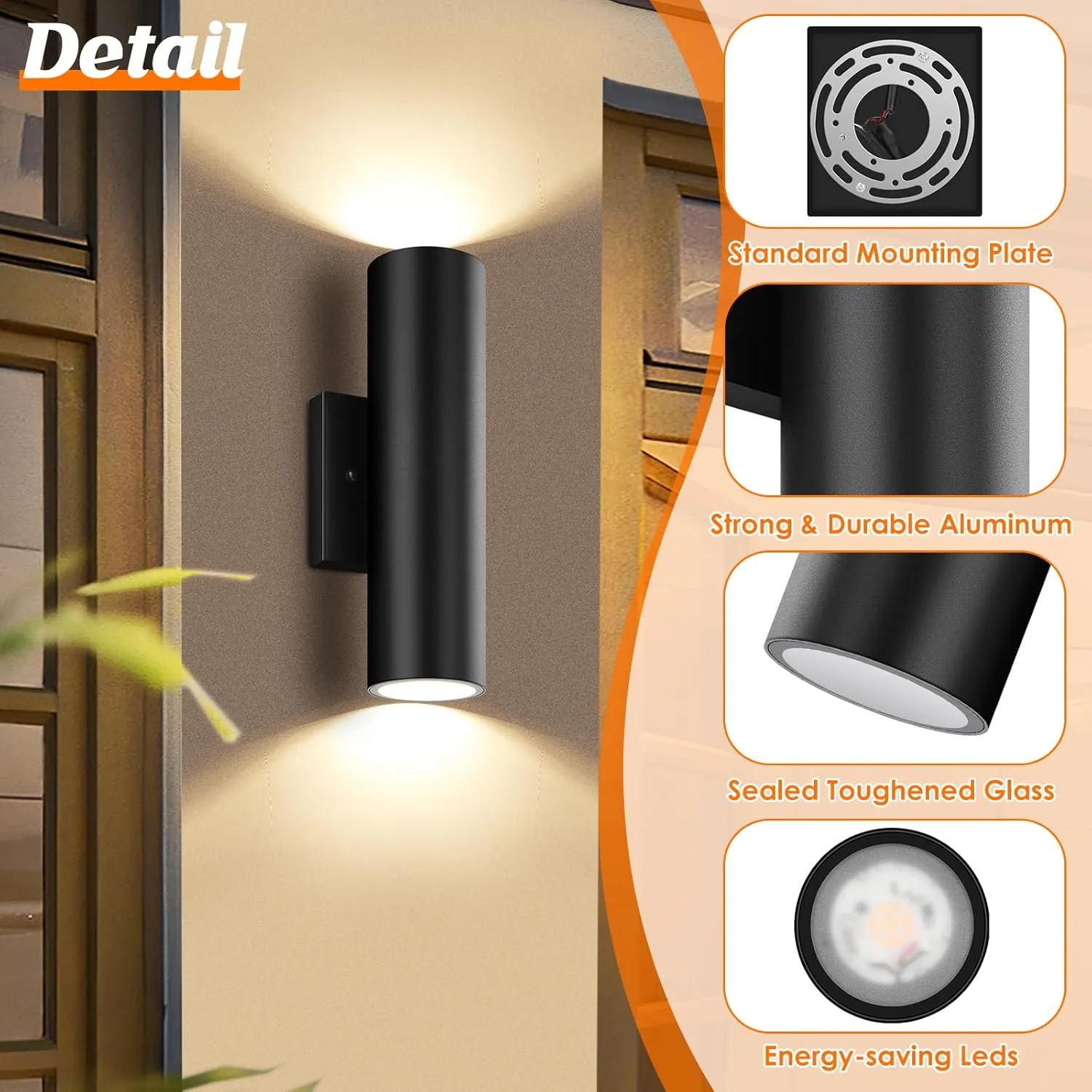 Outdoor Wall Lights, 12W 3000K Integrated LED Cylinder Up Down Lights, 1200LM Super Bright Waterproof Exterior Wall Sconce, 2-Pack Modern Black Outside Wall Lantern for Porch Patio Garage
